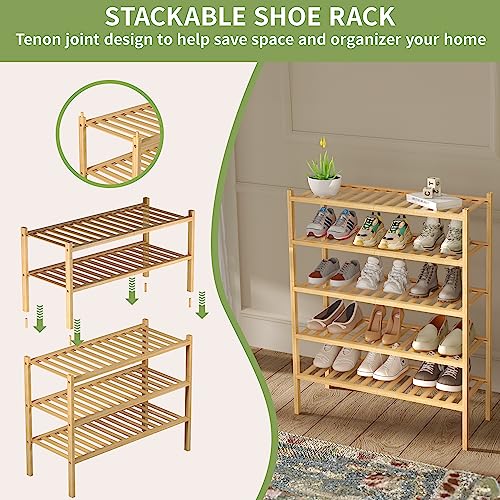 ROMGUAR CRAFT 3-Tier Bamboo Shoe Rack Stackable Storage Organizer for Entryway