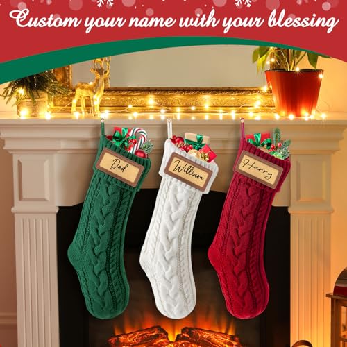 Green Personalized Christmas Stocking - 18.5” Knitted Family Holiday Decor with Leather Patches, Set of 4