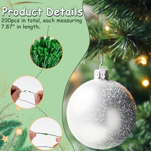 Precut Christmas Ornament Hanger Strings with Snap Fasteners - 200 Pack Green