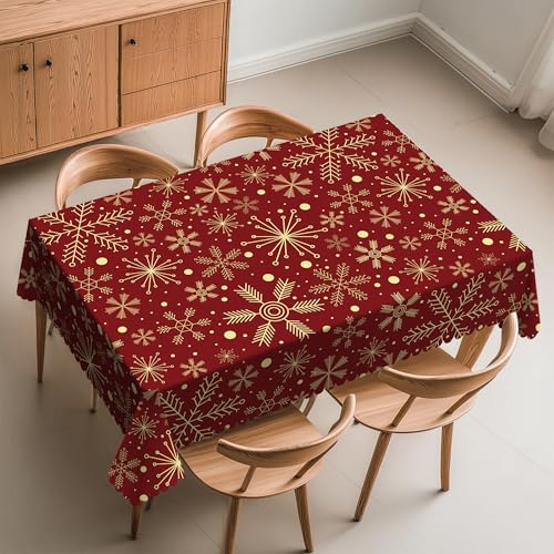 Red & Gold Snowflake Christmas Tablecloth 54x72 Inches - Washable Holiday Decor