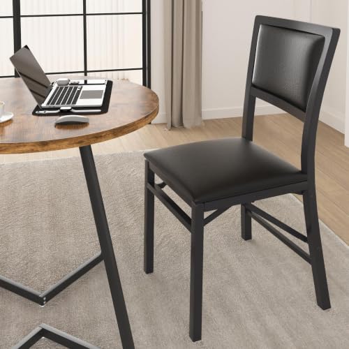 Set of 4 Padded Folding Dining Chairs with Metal Frame, Black PU Leather