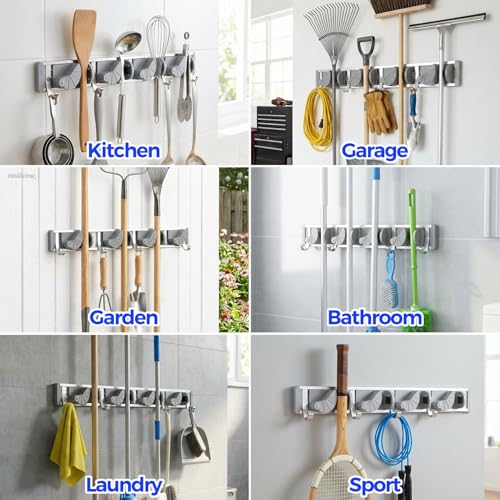 Metal Broom and Mop Holder Wall Mount Organizer with 4 Slots and 4 Hooks