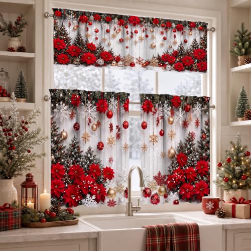 ZORKET Xmas Poinsettia 36W x 55L 3-Piece Kitchen Curtain Set with Valance (Over Sink) - Holiday Window Decor