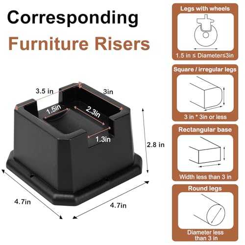 Heavy Duty Bed Risers, 2 Inch Elevation - 4 Pack for Caster Wheels & Posts