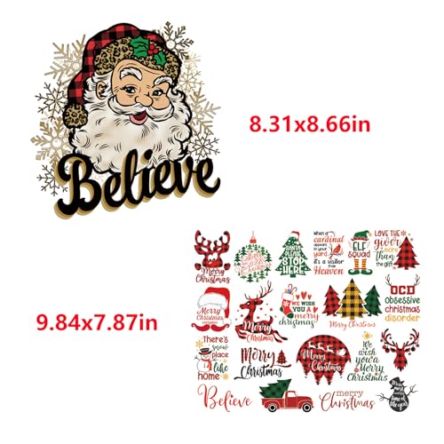 Adonisaon Christmas Heat Transfer Stickers - 7 Sheets Xmas Iron-on Decals for DIY Clothing & Holiday Crafts