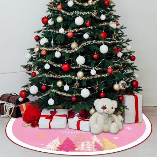 Pink Christmas Tree Skirt 48 Inch Double Layer Holiday Decor with Snowflake Pattern
