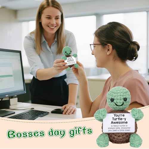 Handmade Crochet Positive Turtle Desk Decor with Encouraging Message Card