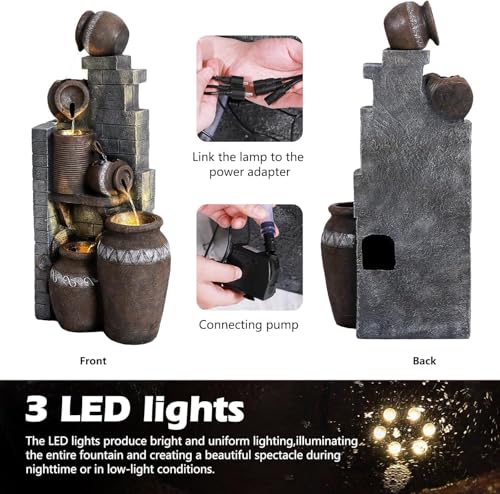 6-Tier Cascading Outdoor Water Fountain with LED Lights, Resin Garden Decor