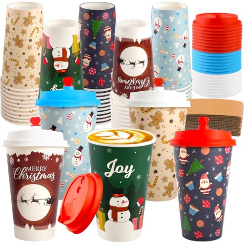 CUPLOOV 16oz 25-Pack Christmas Coffee Cups with Lids & Sleeves - Retro 5-Design Holiday Paper Cups