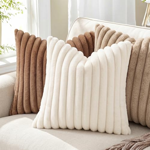 Pallene Faux Fur Throw Pillow Covers 18x18 Set of 2, Cream White Plush Decor