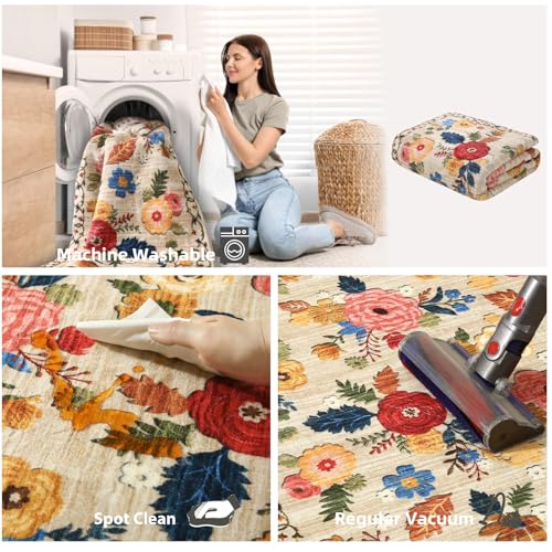 5x7 Washable Area Rug, Vintage Floral Non-Slip Faux Wool Rug for Living Room