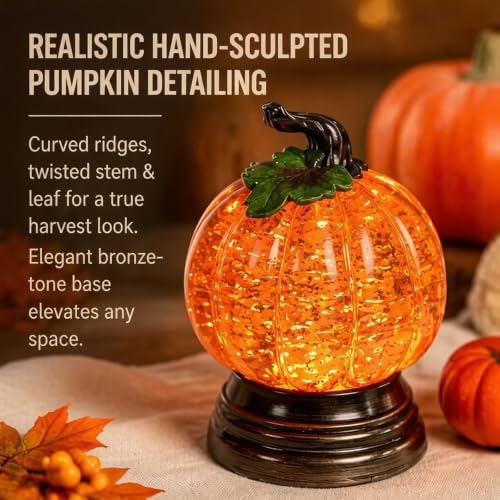 Lighted Pumpkin Snow Globe with LED Glow and Glitter, 6.25-inch