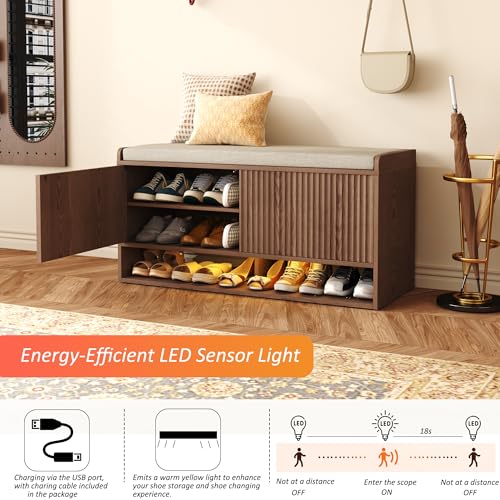 39-inch Fluted Shoe Storage Bench with Linen Seat, LED Light & Adjustable Shelf