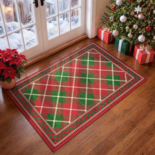 Terrug Christmas Red & Green Checkered Area Rug 2x3 Entryway Door Mat