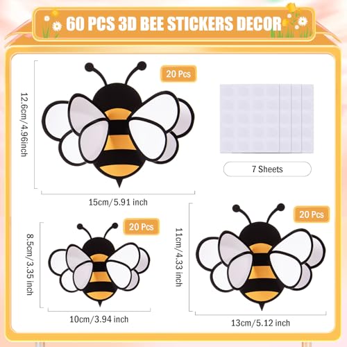 60 Pcs 3D Bee Stickers in 3 Sizes – Cute Wall Decals for Parties
