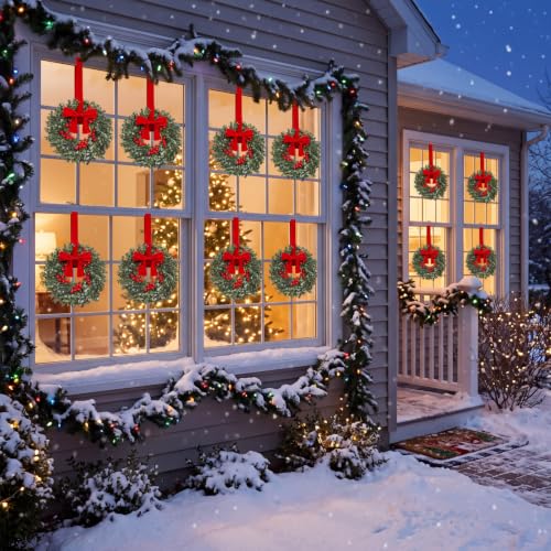 Dingion 12 Pcs 14'' Small Christmas Wreath for Cabinet Decoration with Bow - Set of 12