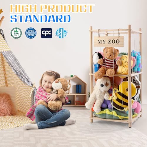 Wooden Stuffed Animal Storage Zoo with Elastic Cords, Small Toy Organizer