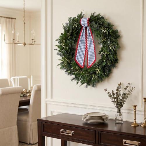 Blue White Buffalo Plaid Wreath Sash Satin Door Garland Ribbon