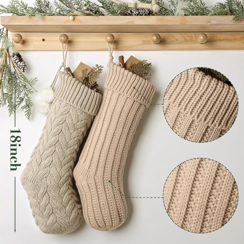 Pawliss White Gray Beige 18in Cable Knit Christmas Stockings (6 Pack) Farmhouse Rustic Personalised