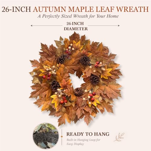 26-Inch Lighted Fall Wreath with Maple Leaves, Pinecones and Berries