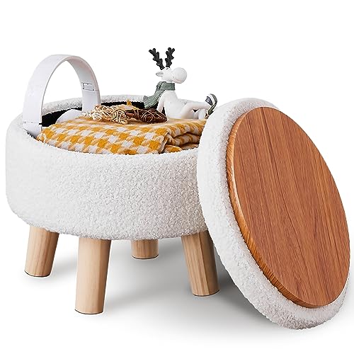 Round Teddy Velvet Storage Ottoman with Wood Legs, Cream Footstool