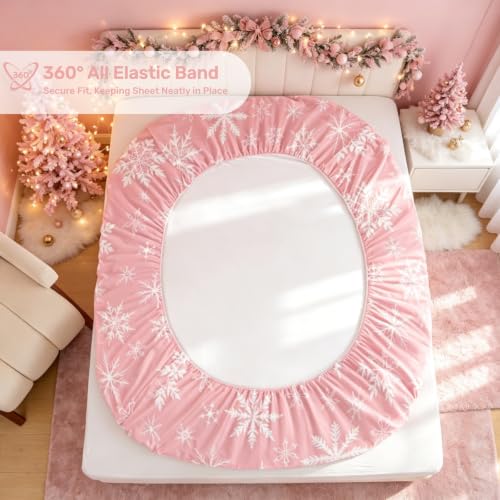 Christmas Queen Bed Sheets Set - Pink Snowflake Pattern, Erosebridal