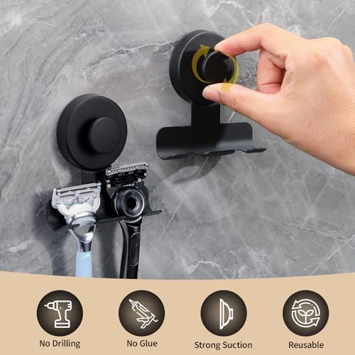 Stainless Steel Suction Cup Razor Holder - Matte Black Shower Hook (2 Pack)