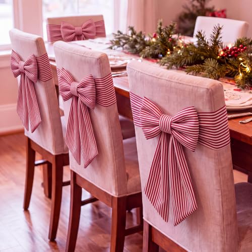 Fanfanwin Christmas Chair Covers Set with Bows - Red & White Stripe Velvet Decor for Dining Chairs