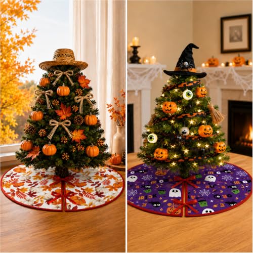 15-Inch Mini Fall & Halloween Tree Skirt - Reversible Double-Sided Mat