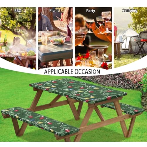 Christmas Lights Picnic Table & Bench Covers 3-Piece Large Waterproof Set