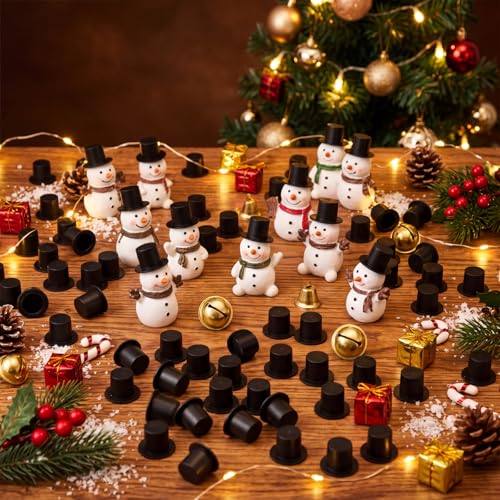 Blulu 50 Pcs Mini Top Hats - Black Top Hats for Snowman Crafts