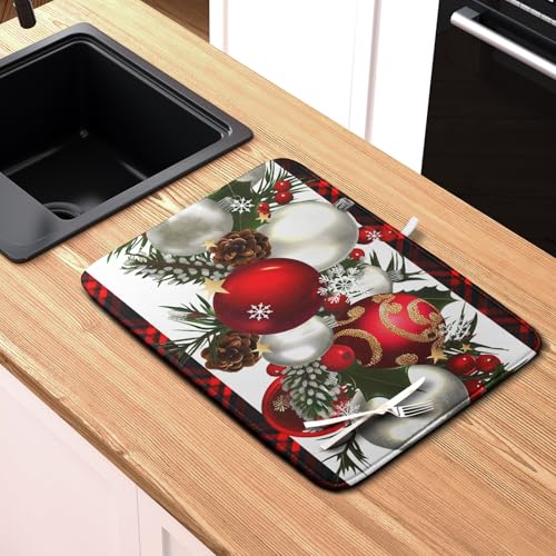 Kwlegh Christmas Buffalo Plaid Dish Drying Mat 18x24in - Reversible Microfiber Kitchen Pad
