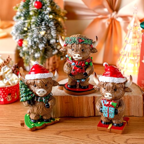 Foilswirl 3-Pcs Christmas Highland Cow Figurines – Highland Cow Desk Decor (Variation: Christmas)