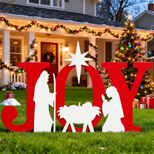 TOMETOTES 48in Outdoor Nativity Set Joy Sign - Red/White, Waterproof PVC Yard Decor