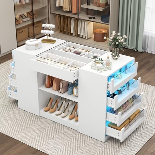 Modern Closet Island with 10 Drawers, Glass Top, and LED Lighting - White