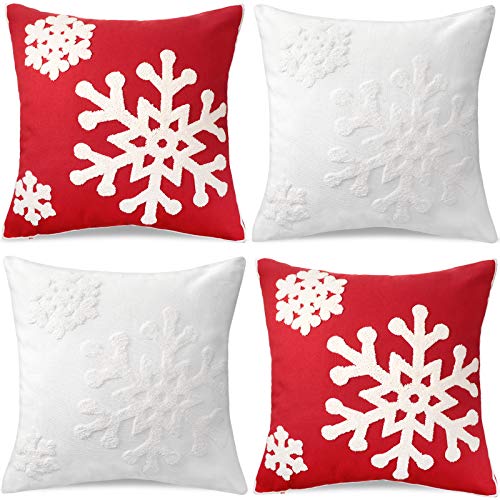 Christmas Snowflake Throw Pillow Covers 18x18 Set of 4 Red White Embroidered Linen Decor