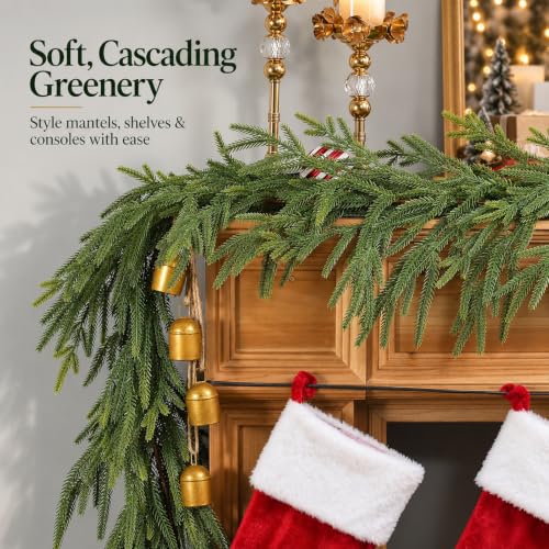 A-light Green 6ft Norfolk Pine Christmas Garland for Mantel & Fireplace – Real Touch Outdoor/Indoor Holiday Decor
