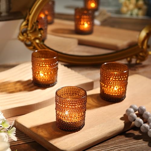 12 Pack Amber Glass Votive Candle Holders, Vintage Tealight Holders