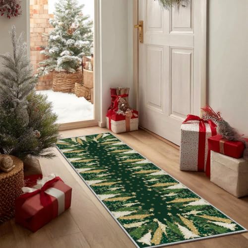 Artoid Mode 2' x 6' Green Xmas Tree Snowflake Runner Rug – Non-Slip, Washable Hallway/Bedroom Decor
