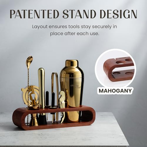 Mixology & Craft 10-Piece Cocktail Shaker Set with Bamboo Stand - Gold Bar Tool Kit