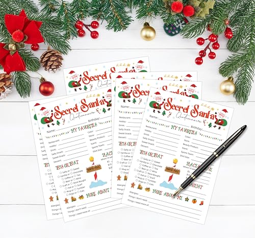 White Secret Santa Questionnaire Cards – 25 Fill-In 5x7 Gift Exchange Forms