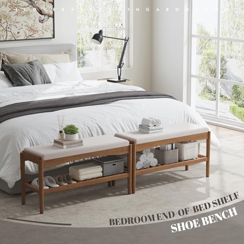 2-Tier Bamboo Shoe Bench with Padded Seat - Entryway Storage Organizer