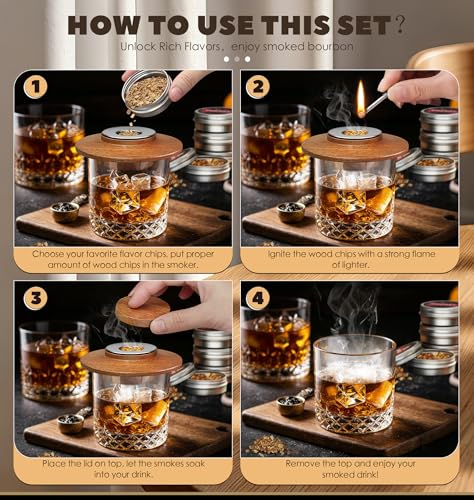 Whiskey Smoking Kit with Sapele Wood & Stainless Steel Filters - 4 Flavor Chips, Cocktail & Spirit Infuser