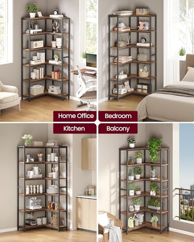 6-Tier Industrial Corner Bookshelf, Convertible Storage Organizer, Rustic