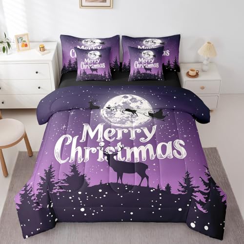 Merry Christmas 7-Piece Comforter Set Full - Erosebridal Deer Elk Bedding Purple