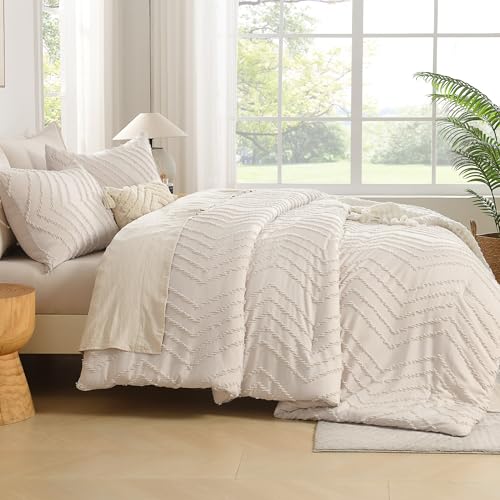 Beige Queen Comforter Set - 3 Piece Soft Boho Tufted Chevron Bedding