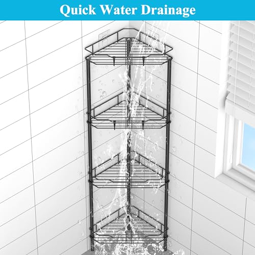4 Tier Floor Standing Corner Shower Caddy Organizer Shelf with Hooks Black