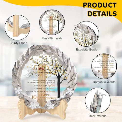 10th Anniversary Wedding Gift Crystal Plaque with Golden Metal Wreath