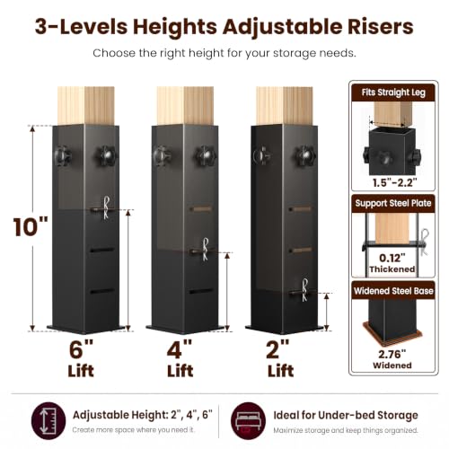 Heavy Duty Bed Risers for Under-Bed Storage, Adjustable Heights