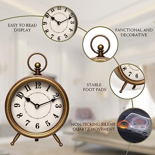 Vintage Table Clock with Stand, Antique Gold Metal Mantel Clock